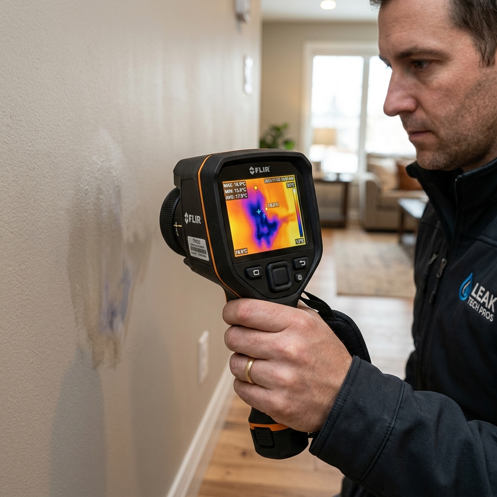 Thermal imaging camera pointed at a residential wall showing a moisture anomaly