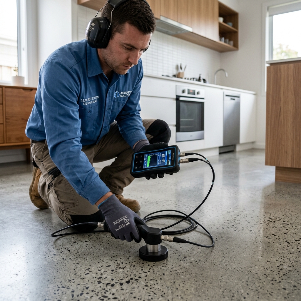Non-invasive slab leak detection equipment used to locate a plumbing leak beneath a concrete floor