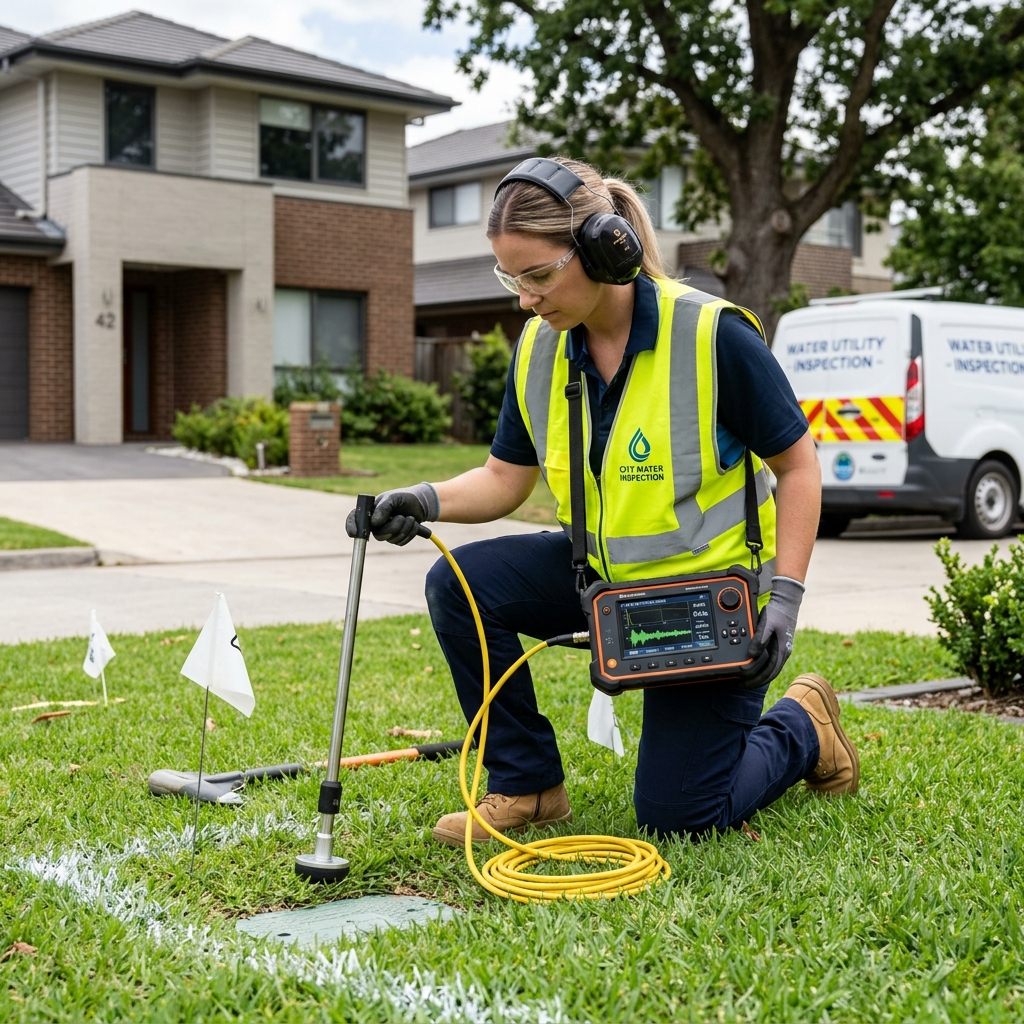 Underground water line inspection using specialized acoustic listening equipment on a lawn